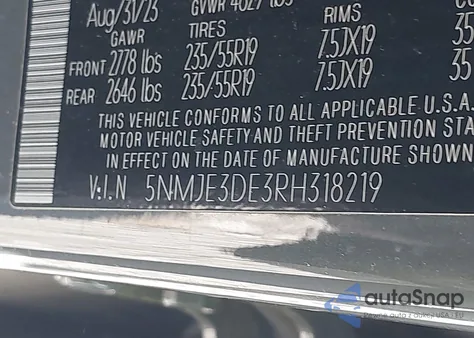 2024 Hyundai Tucson Limited z USA, uszkodzony, nr VIN 5NMJE3DE3RH318219